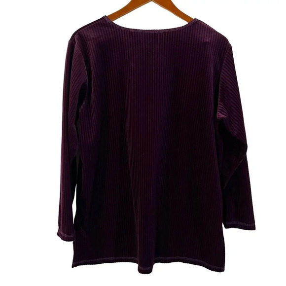 SJB Sport Eggplant Dark Purple Velour Ribbed Top Petite Large Long Sleeve Blouse - Picture 2 of 4